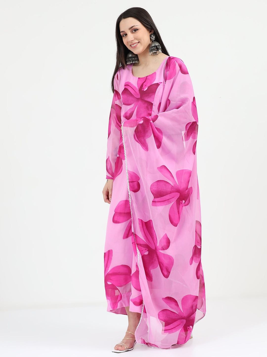 

Krunal Raiyani Floral Printed Maxi Dress With Dupatta, Pink