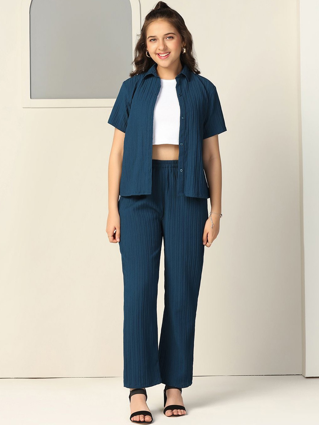 

YK Girls Short Sleeves Shirt With Trouser & Top, Teal