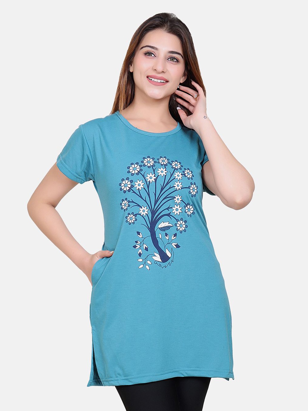 

Divine Girl Print Cotton Longline Top, Teal