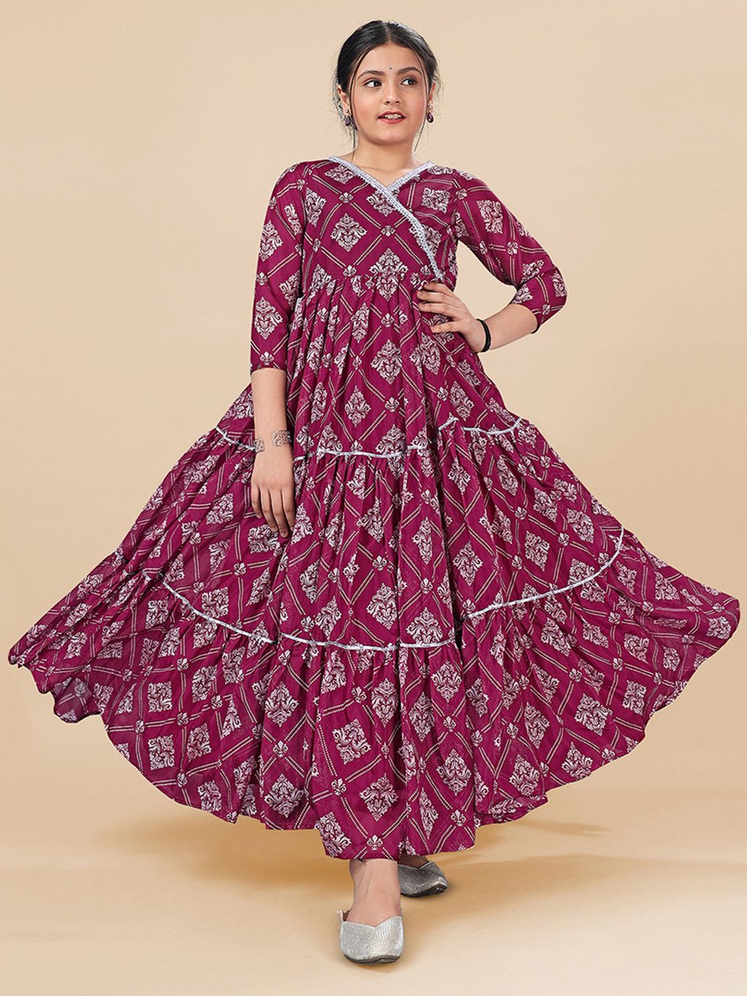 

Sangria Girls Ethnic Motifs Printed Tiered Maxi Dress, Maroon