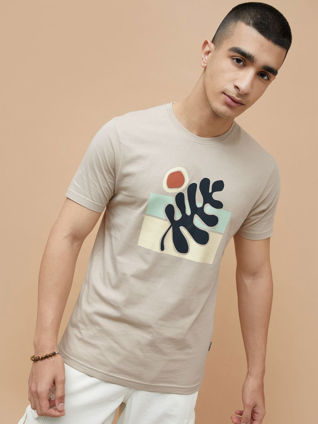 

Fame Forever by Lifestyle Men Floral Printed Round Neck Cotton T-shirt, Beige