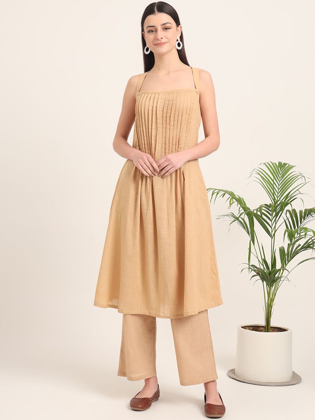 

Thevasa Shoulder Straps Pure Cotton Tunic With Trousers Co-Ords, Beige