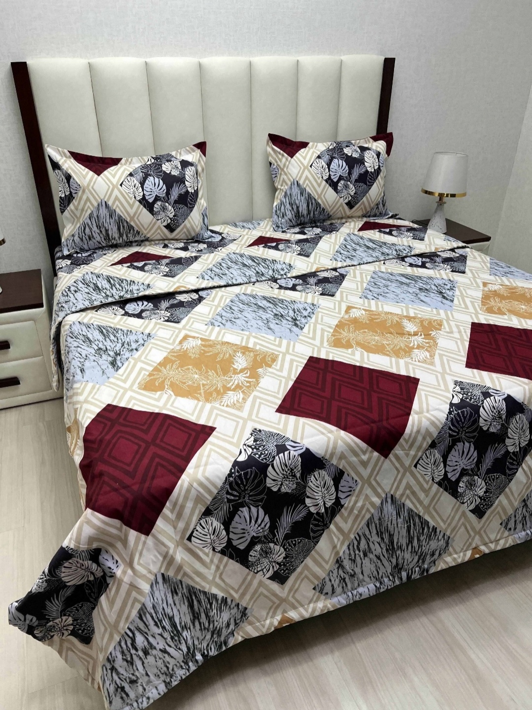 

Pure Decor Beige And Maroon Floral Printed Double King Superfine Bedding Set