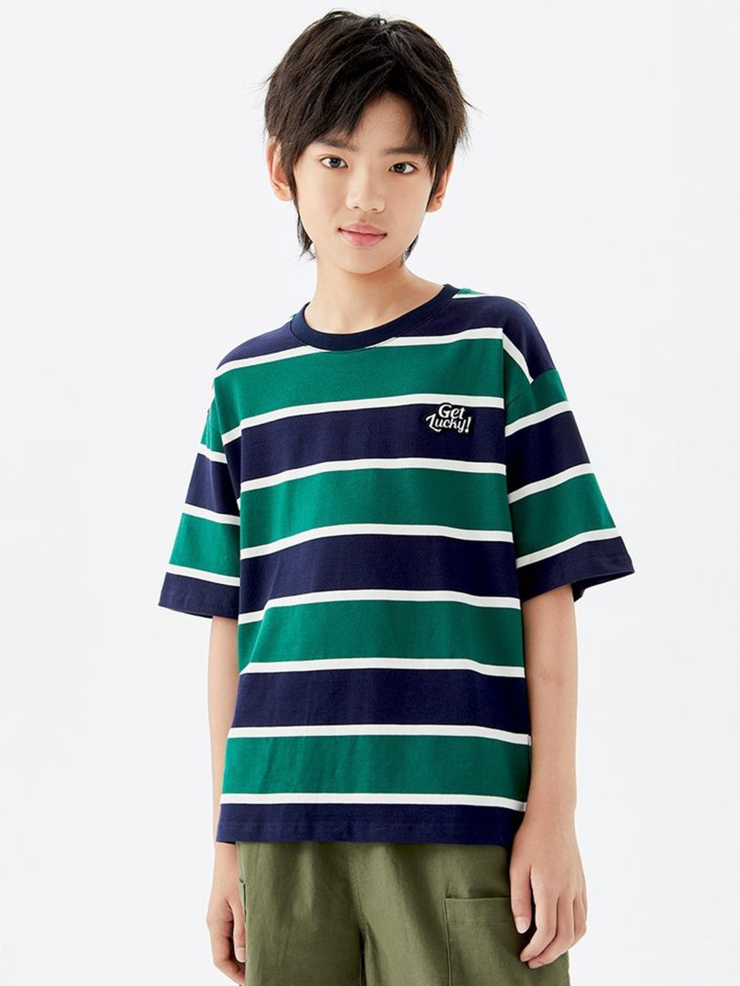 

LULU & SKY Boys Striped Round Neck Cotton Oversized T-shirt, Green