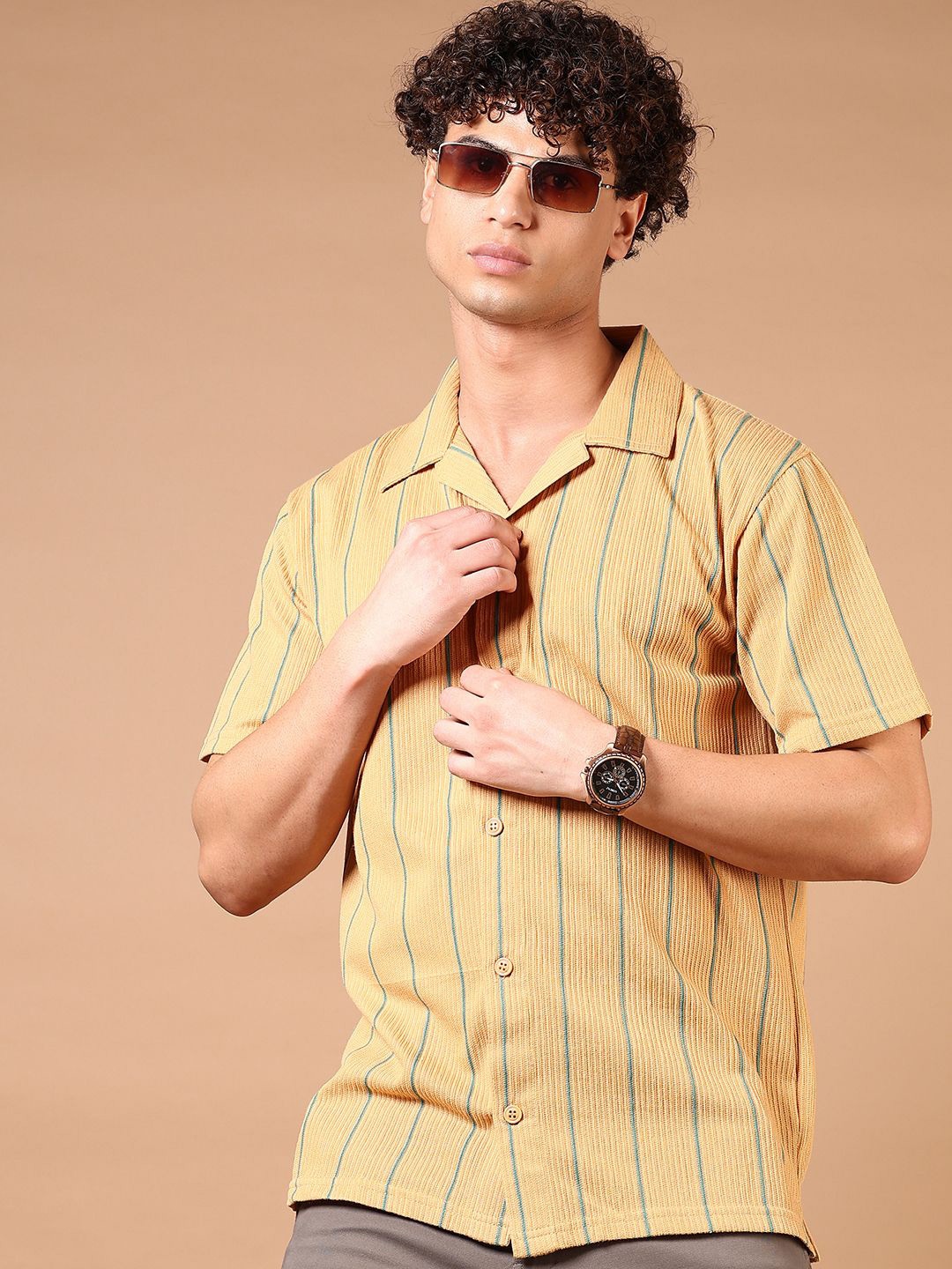 

V-Mart Men Cuban Collar Vertical Striped Cotton Casual Shirt, Mustard