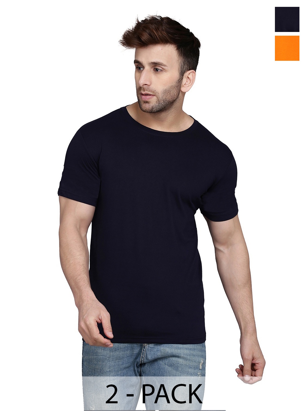 

WOOSTRO Men Pack Of 2 Solid Round Neck Cotton Slim Fit T-shirts, Navy blue