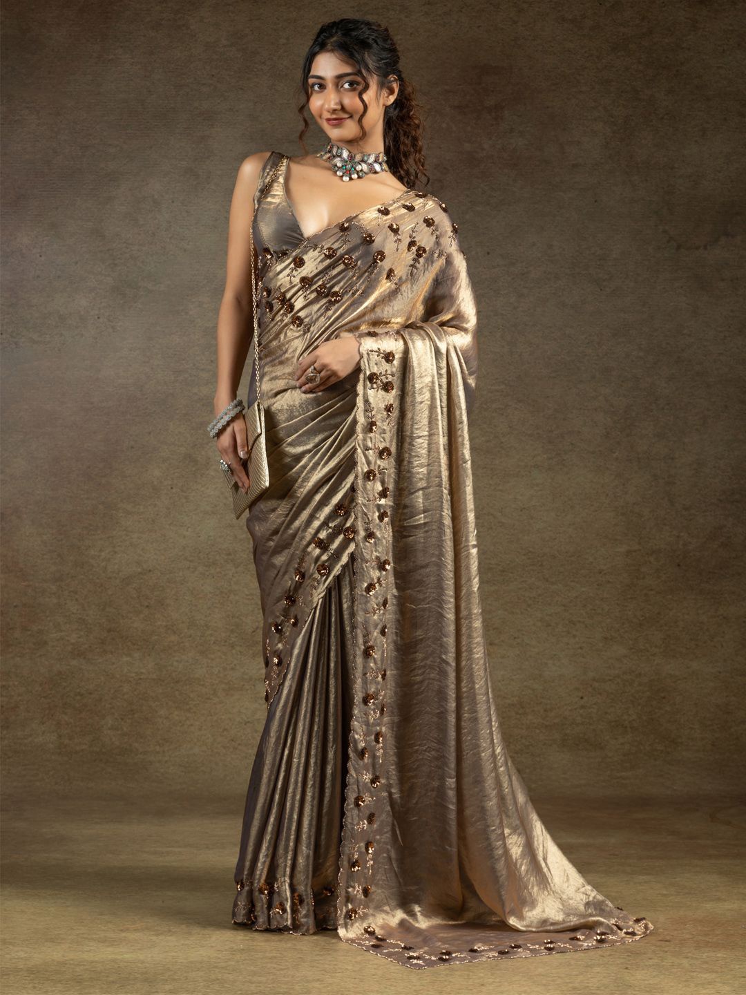 

Saree mall Embellished Sequinned Satin Sarees, Gold