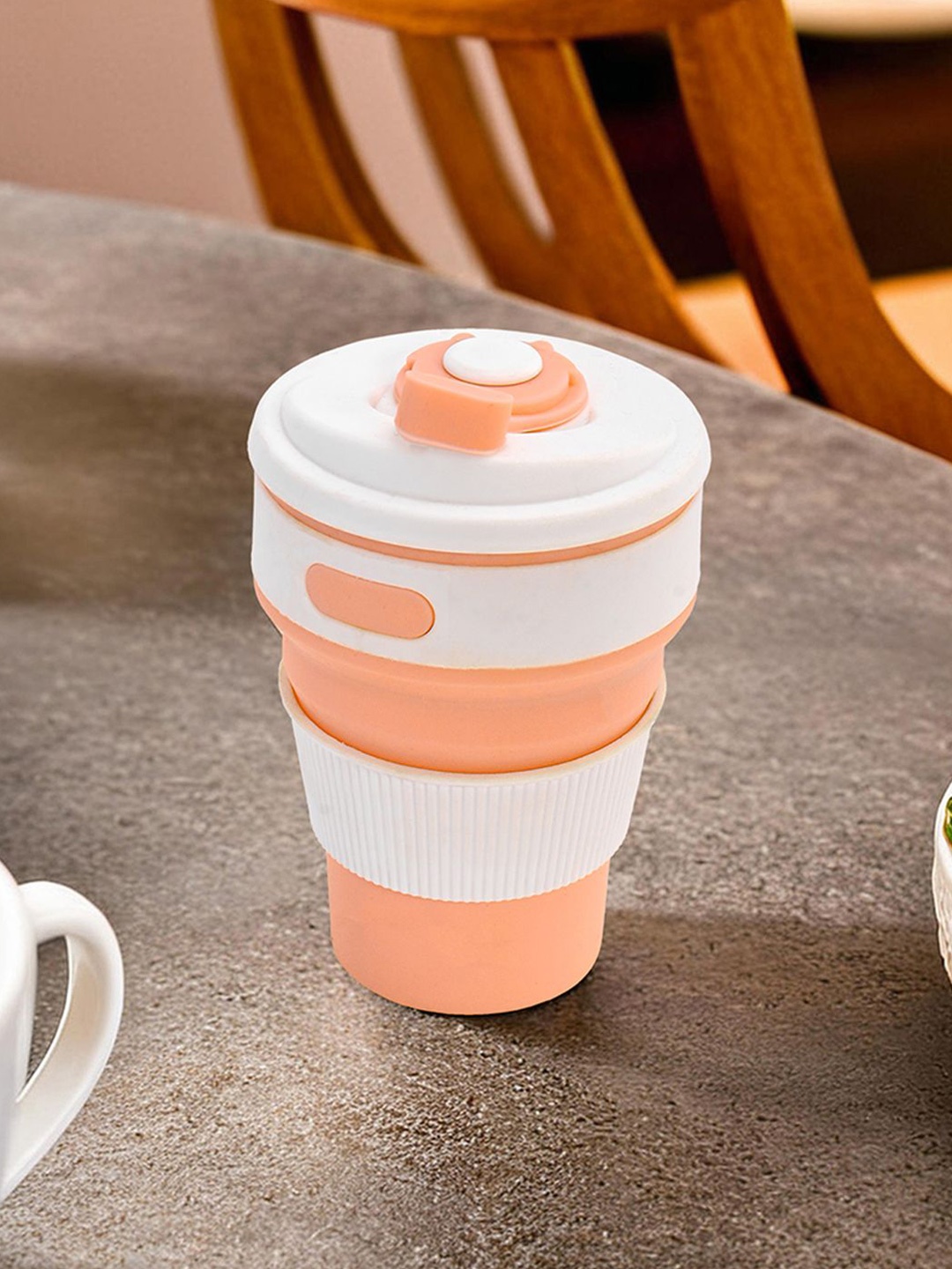 

Kuber Industries Orange & White Collapsible Cup With Lid 350ml