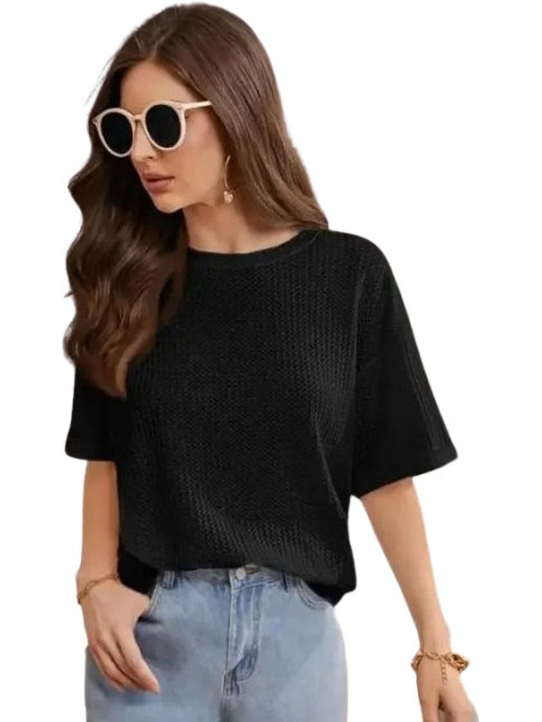 

SRISARAS Women Self Design Round Neck Cotton Relaxed Fit T-shirt, Black