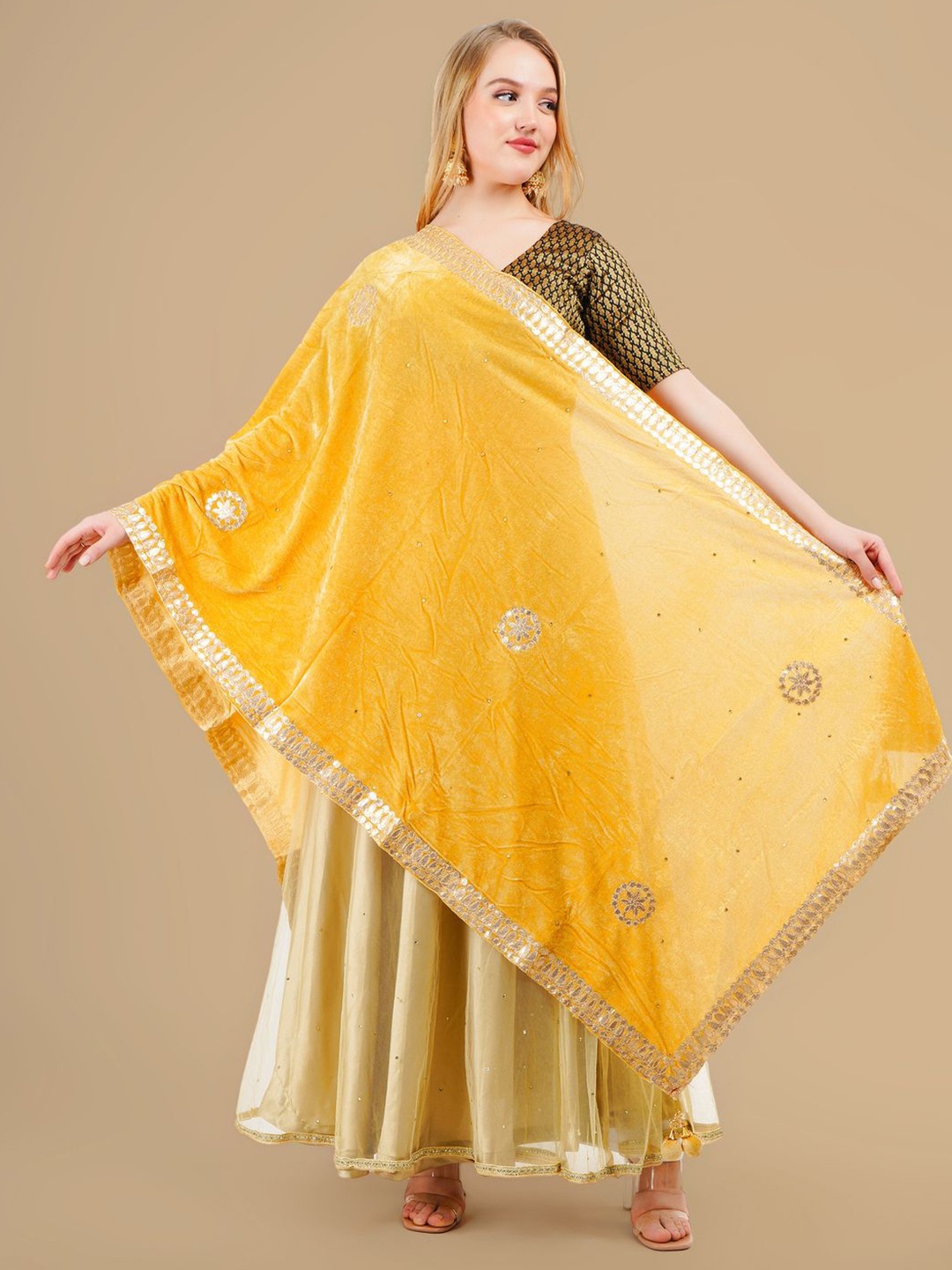 

Karthav Fashion Ethnic Motifs Embroidered Velvet Dupatta With Gotta Patti, Beige