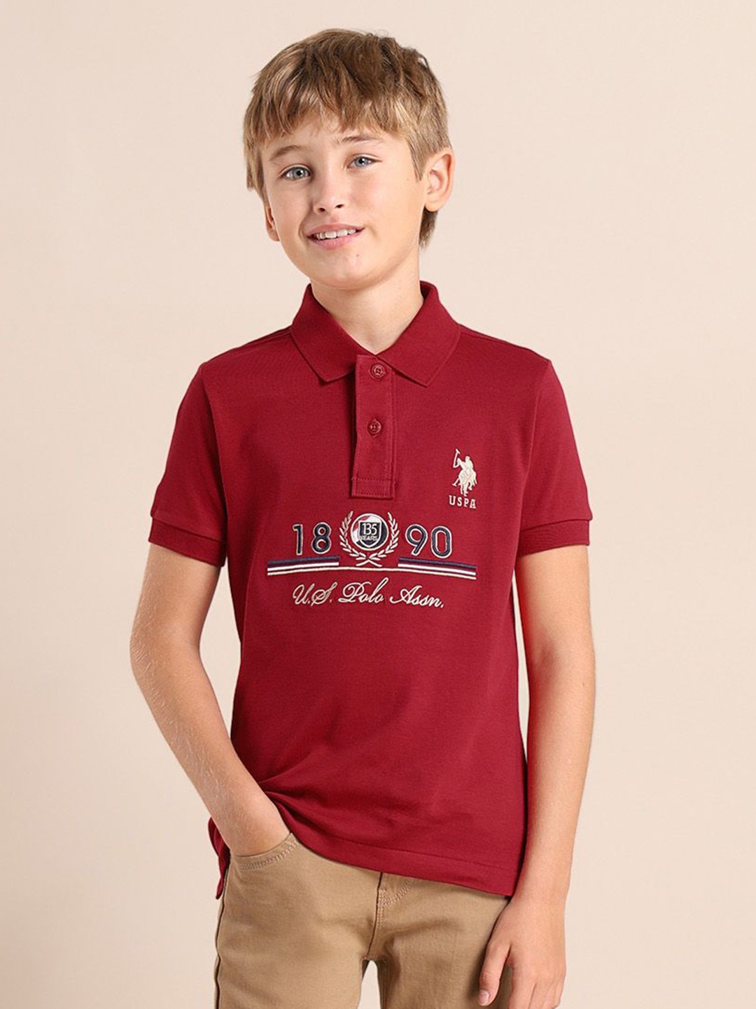 

U.S. Polo Assn. Kids Boys Typography Printed Polo Collar Cotton T-shirt, Red