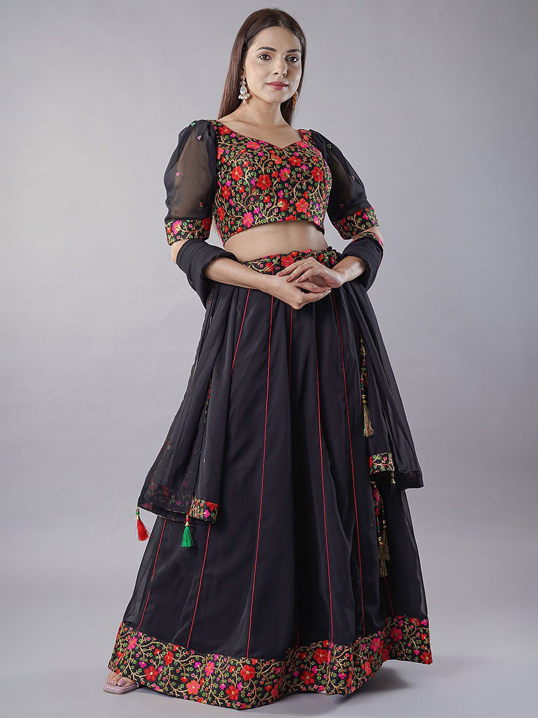 

Utsav Fashion Floral Embroidered Thread Work Ready to Wear Lehenga & Choli With Dupatta, Black
