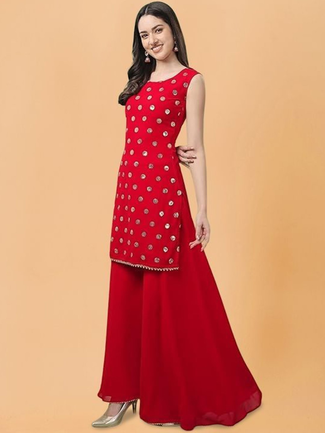 

PARROT CREATION Geometric Embroidered Sequinned Georgette Kurti with Sharara And Dupatta, Red