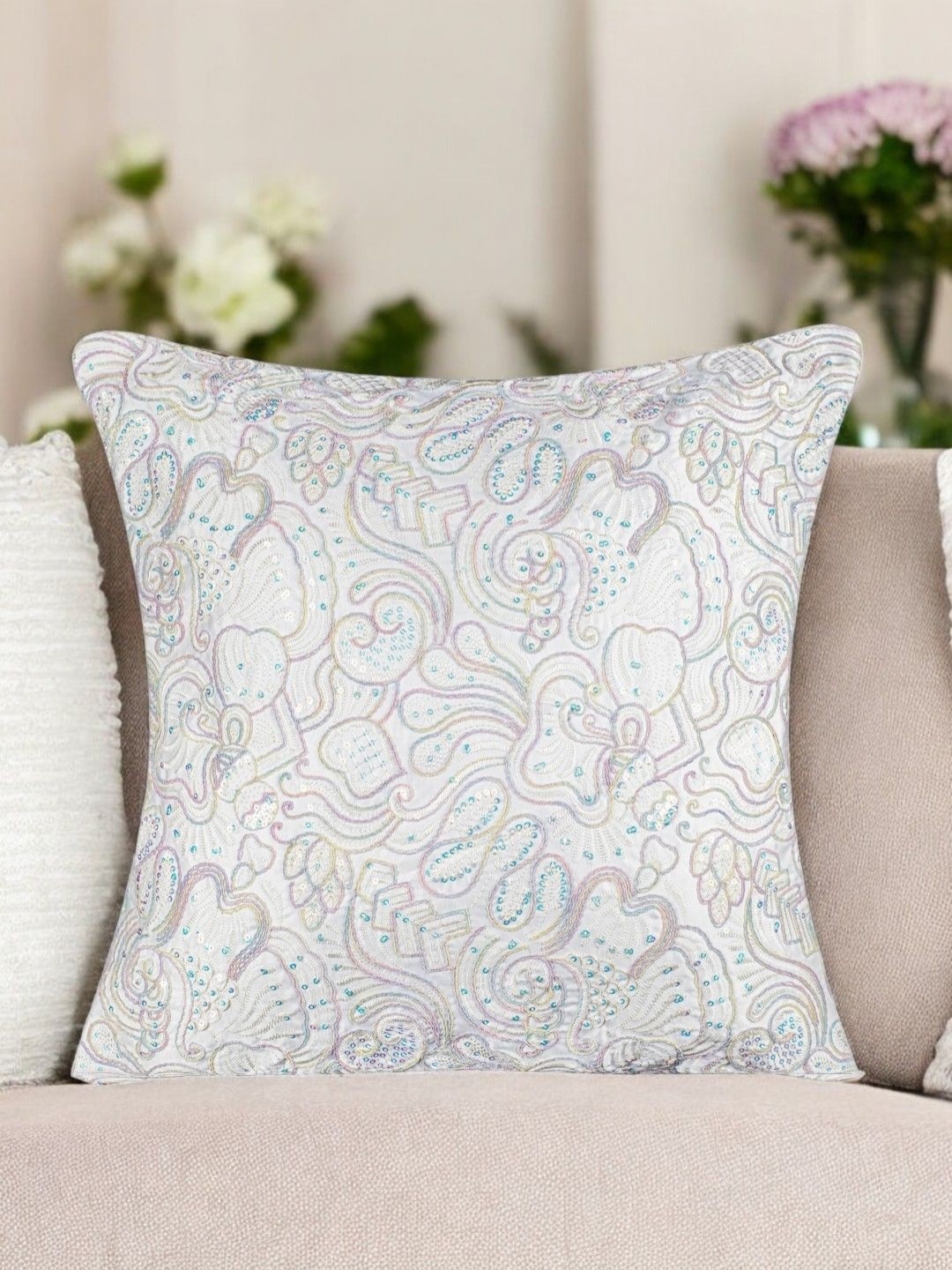 

Vendola White & Purple Floral Embroidered Velvet Square Cushion Cover