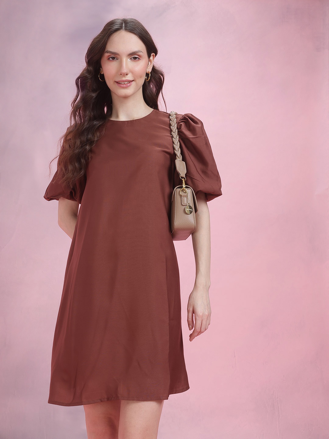 

DressBerry Puff Sleeves Sheath Mini Dress, Brown