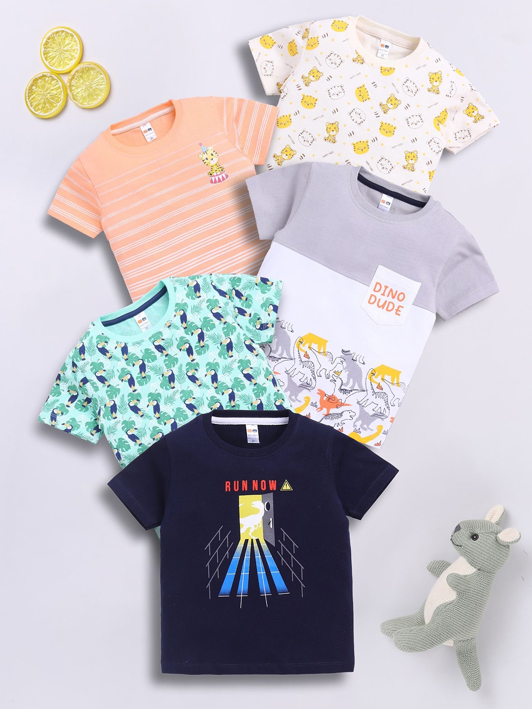

LITTLE NINJA Boys Pack Of 5 Graphic Printed Round Neck Cotton T-shirts, Navy blue