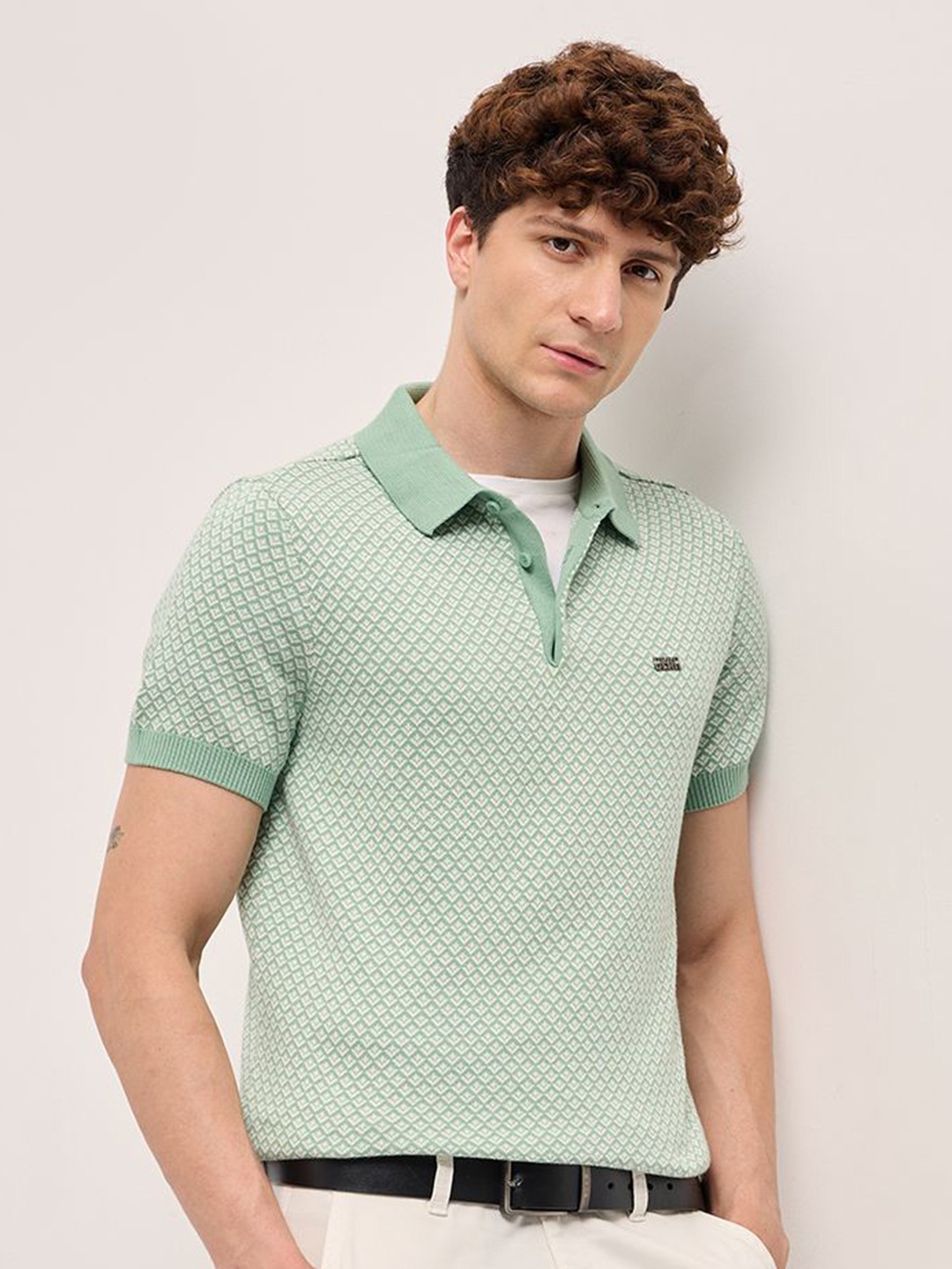 

THE BEAR HOUSE Men Self Design Polo Collar Cotton Slim Fit T-shirt, Green