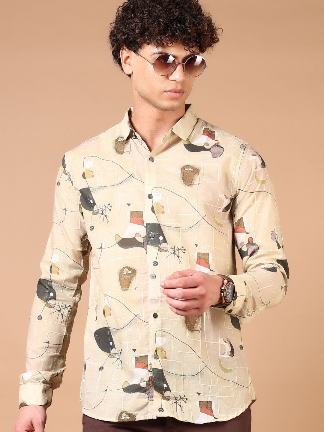 

V-Mart Men Spread Collar Conversational Printed Cotton Casual Shirt, Beige