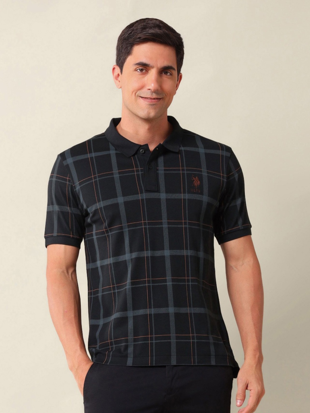 

U.S. Polo Assn. Men Checked Polo Collar Cotton Slim Fit T-shirt, Black