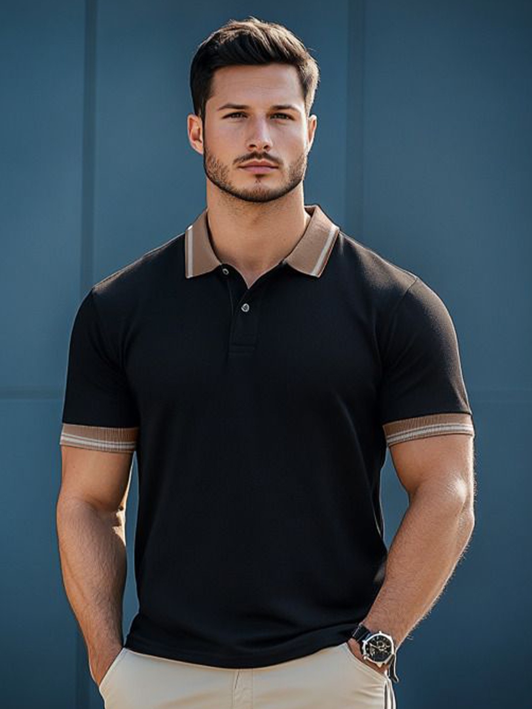 

VEIRDO Men Solid Polo Collar Cotton T-shirt, Black