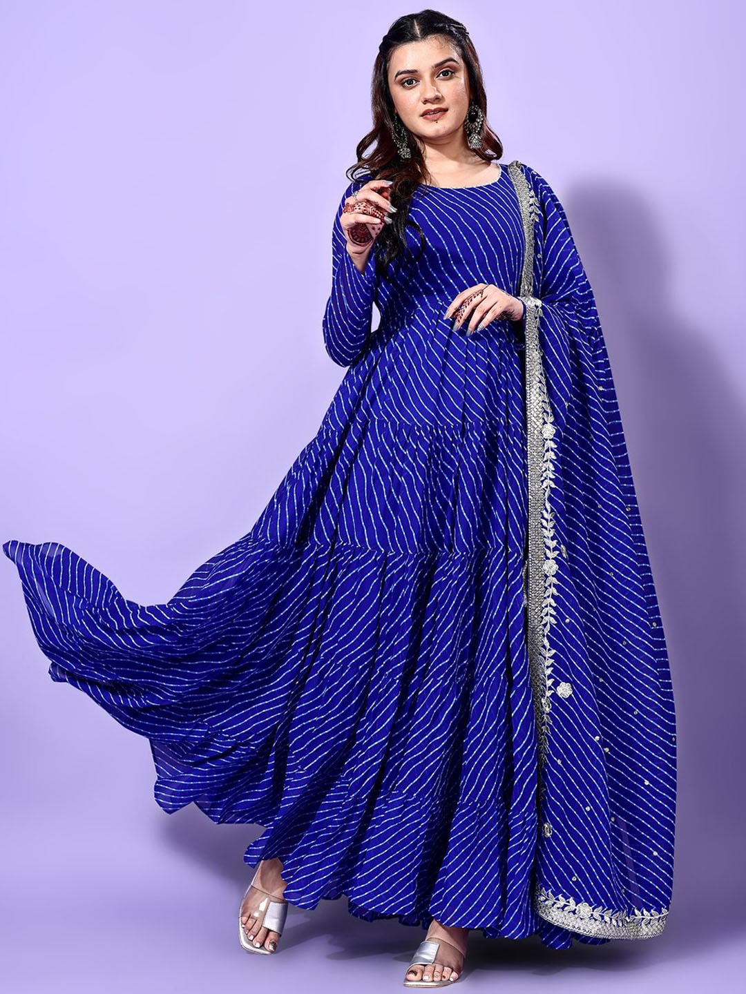 

Ethnic Yard Leheriya Printed Round Neck Anarkali Kurta With Trouser And Dupatta, Blue
