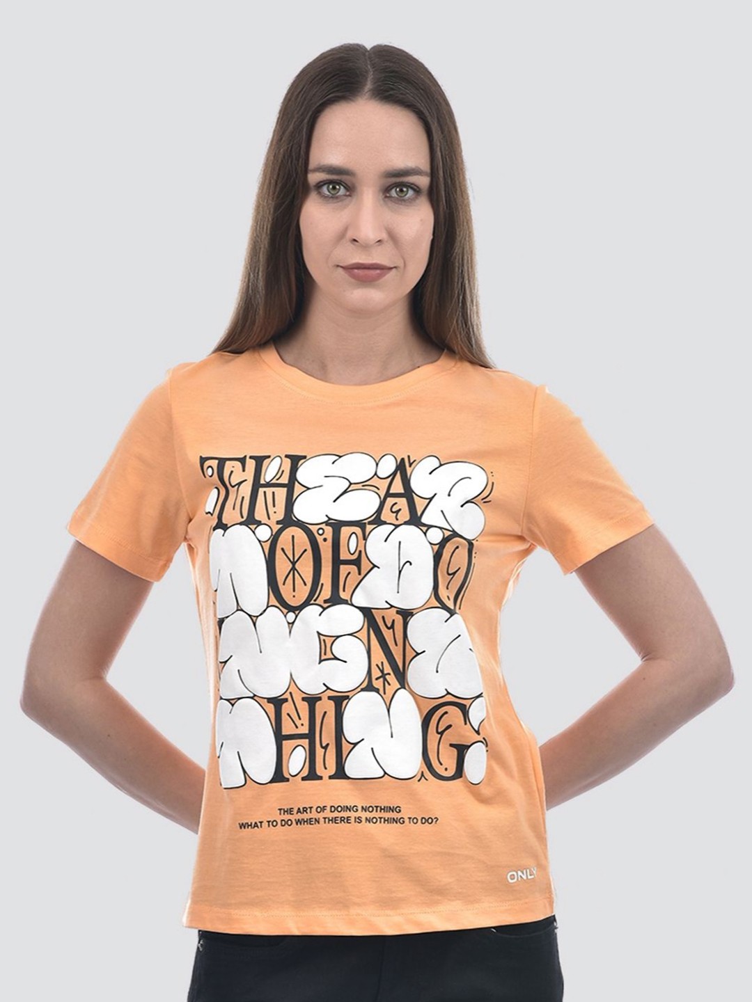 

ONLY Women Typography Printed Round Neck Cotton T-shirt, Orange