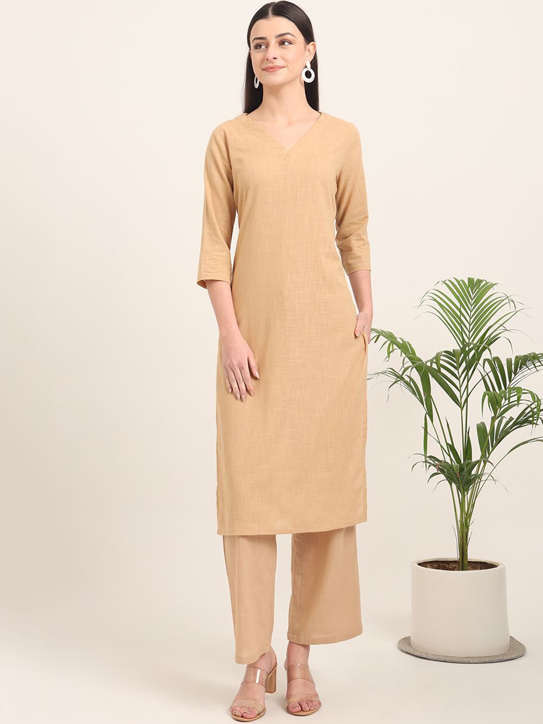 

Thevasa V-Neck Pure Cotton Tunic With Trousers, Beige