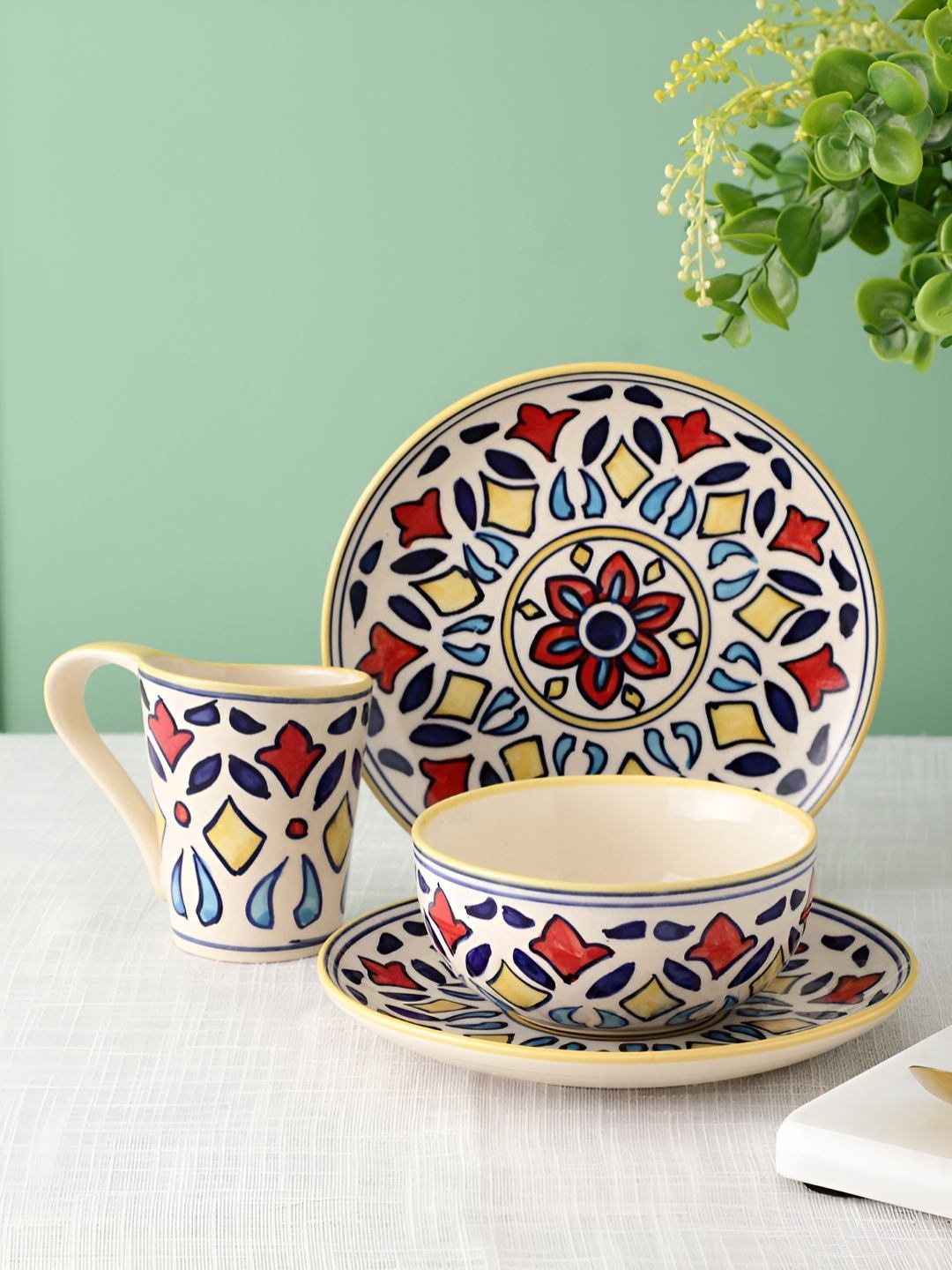 

Myntra Elegant Homes Yellow 4 Pieces Ceramic Dishwasher and Microwave Dinner Set, Cream