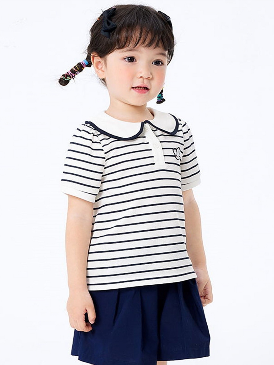

LULU & SKY Girls Striped Peter Pan Collar Cotton T-shirt, White