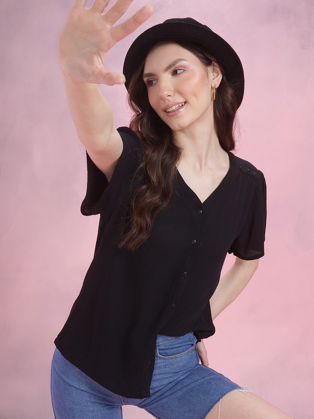 

DressBerry Crinkled Shirt Style Top, Black