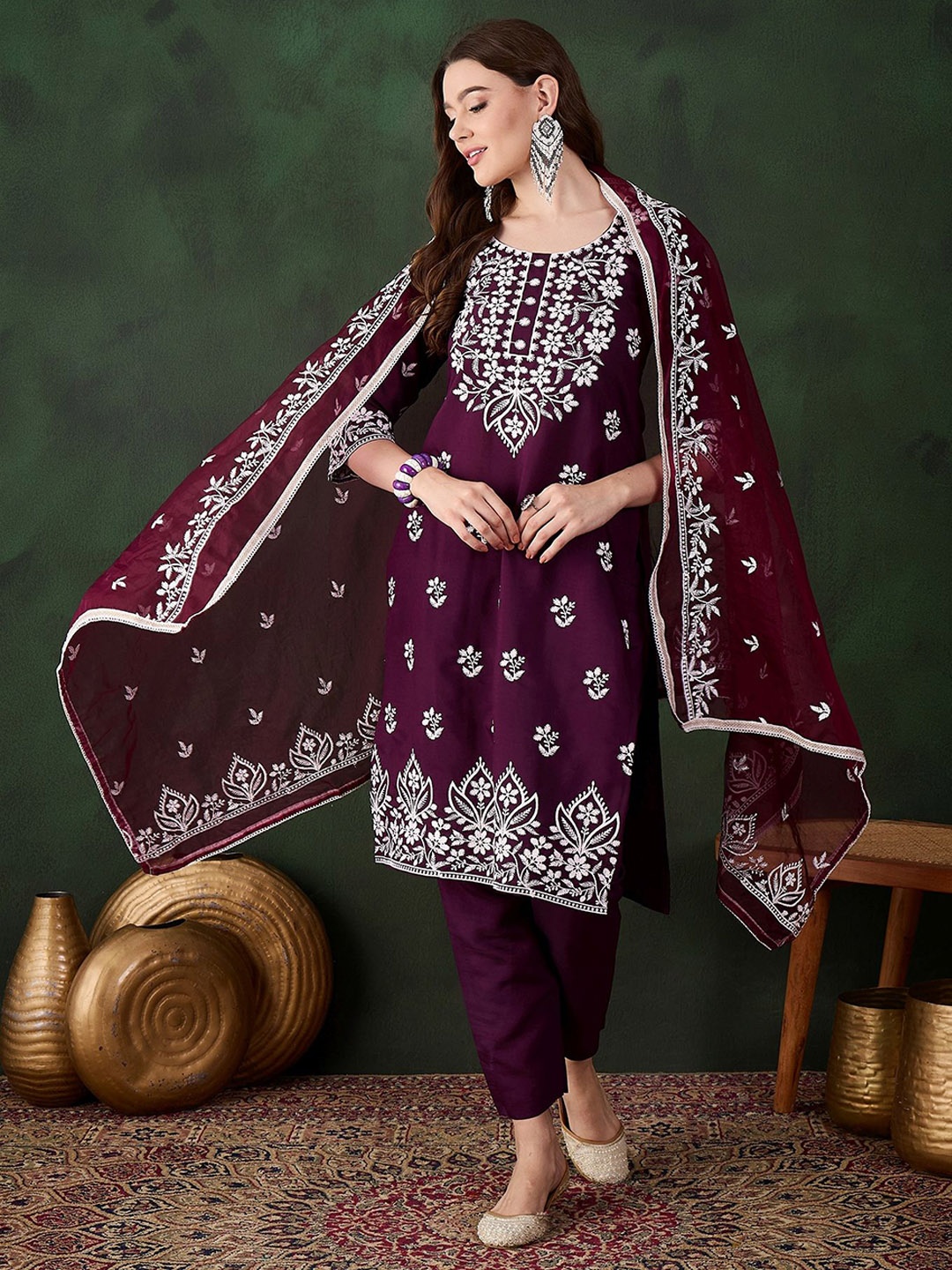 

MANVAA Floral Embroidered Straight Thread Work Kurta With Trousers And Dupatta, Purple