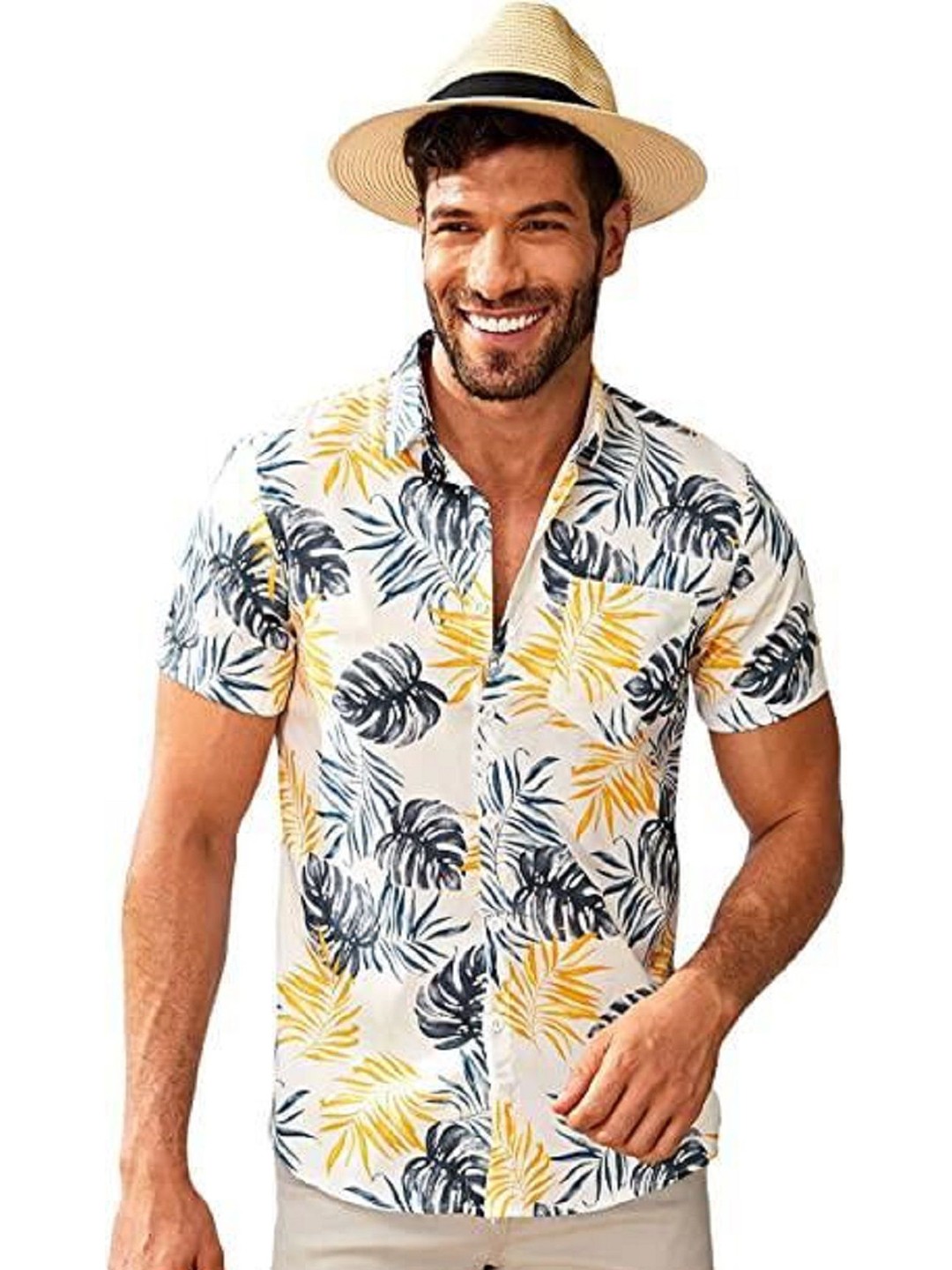 

iCome Men Spread Collar Floral Printed Cotton Linen Casual Shirt, White
