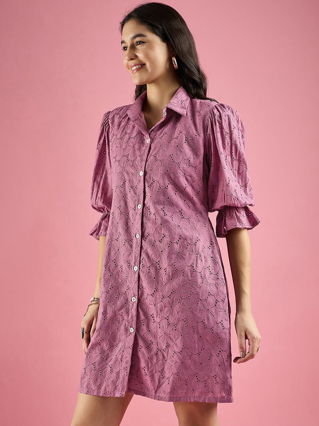 

all about you Self Design Schiffli Bell Sleeve Cotton Shirt Dress, Lavender