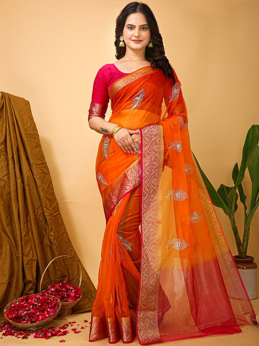 

LeeliPeeri Designer Woven Design Sequinned Organza Saree, Orange