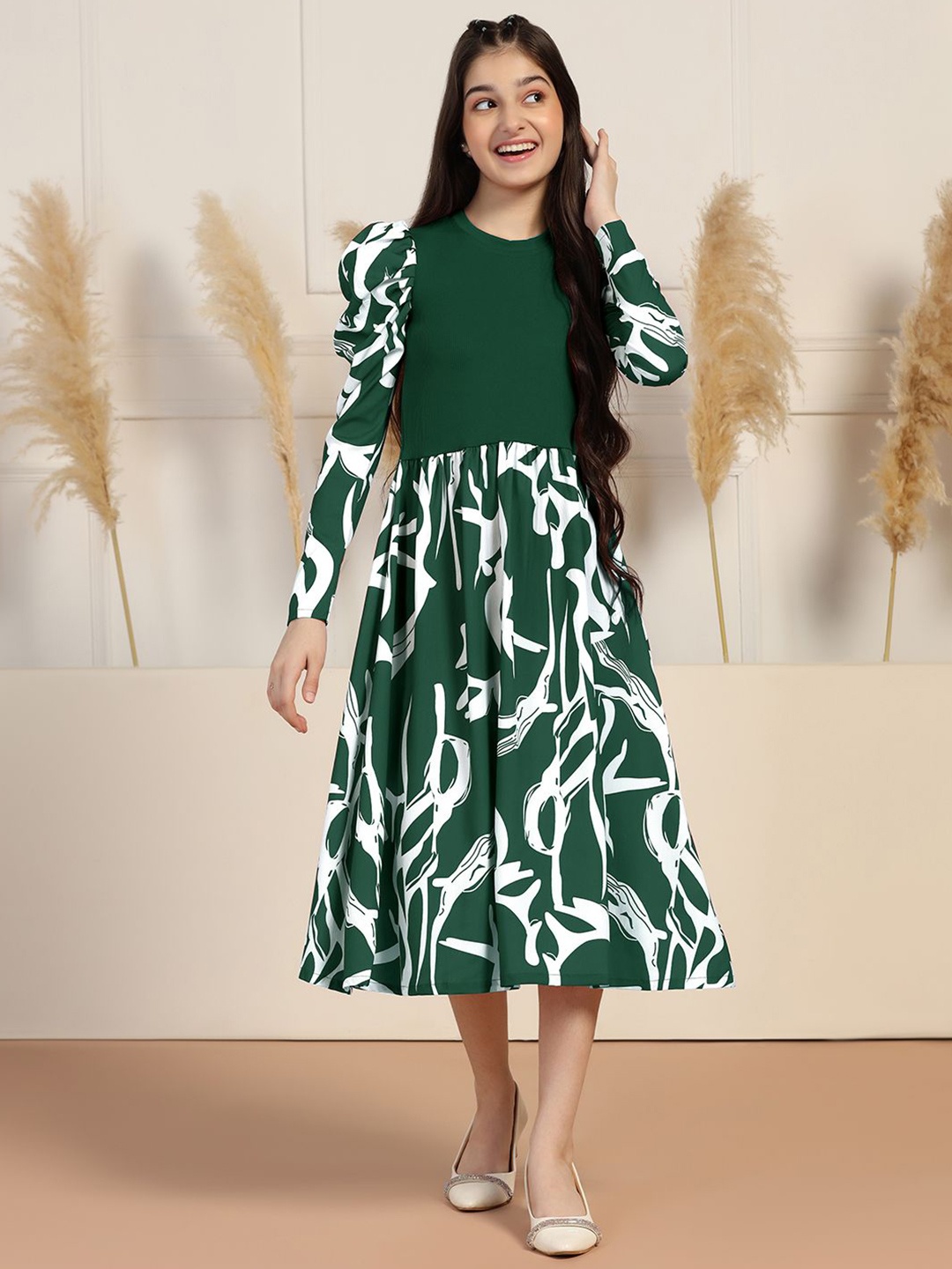 

YK Girls Printed Puff Sleeve Fit & Flare Midi Dress, Green