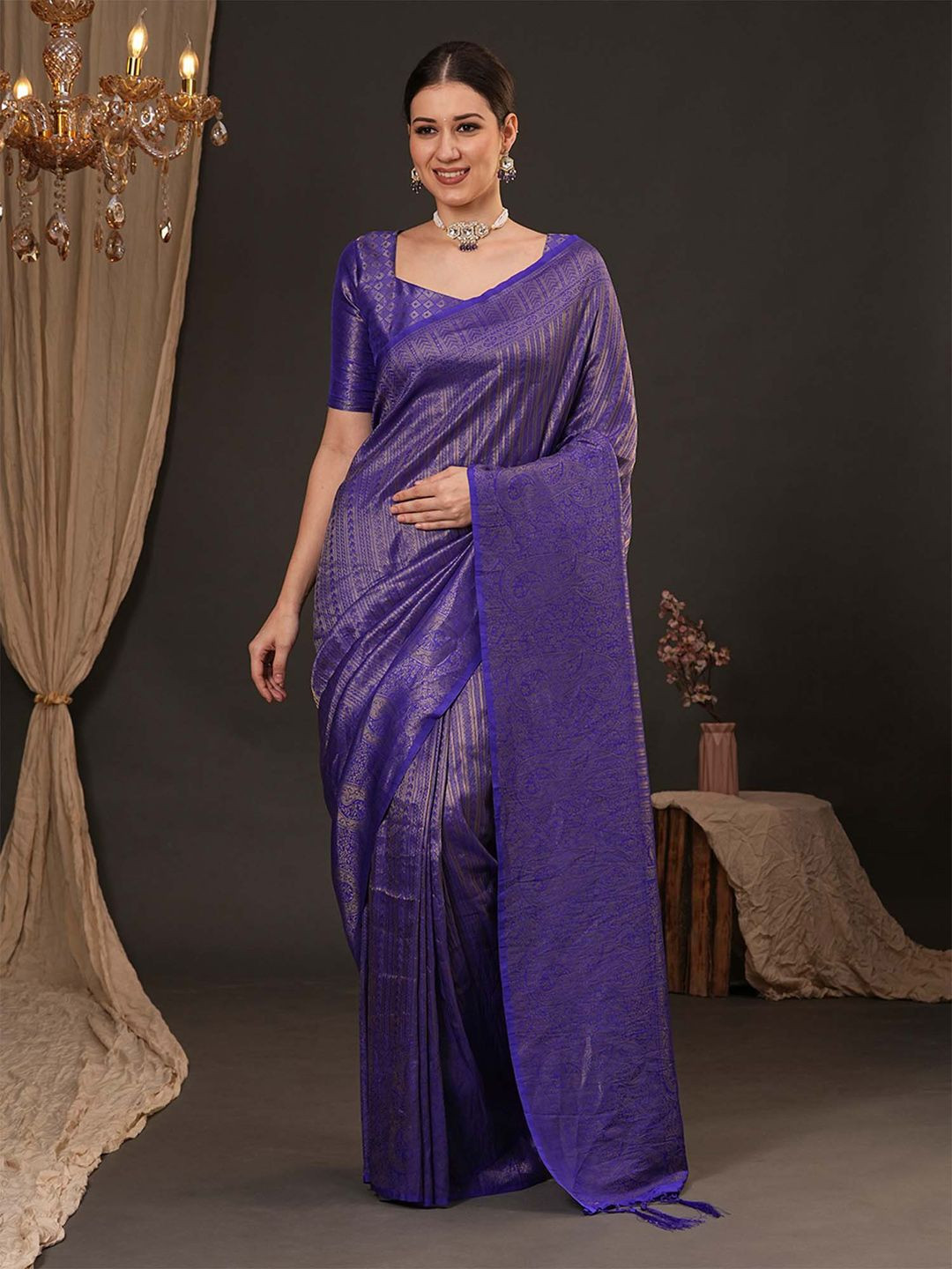 

Anouk Woven Design Zari Silk Blend Kanjeevaram Saree, Purple