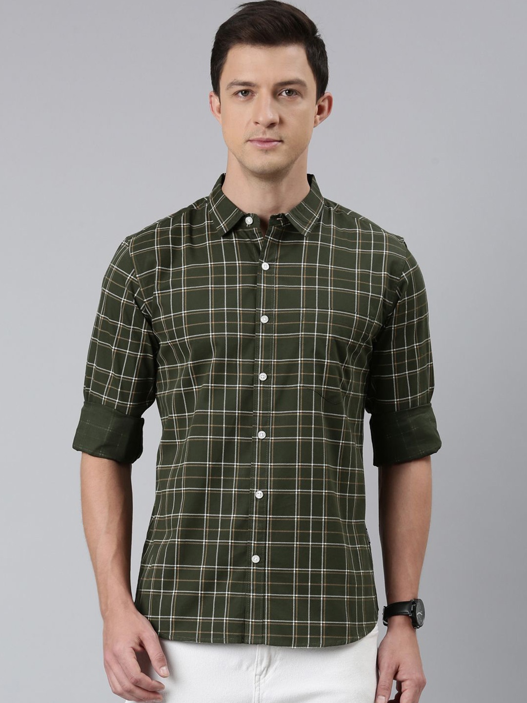 

Provogue Men Spread Collar Checked Cotton Casual Shirt, Green