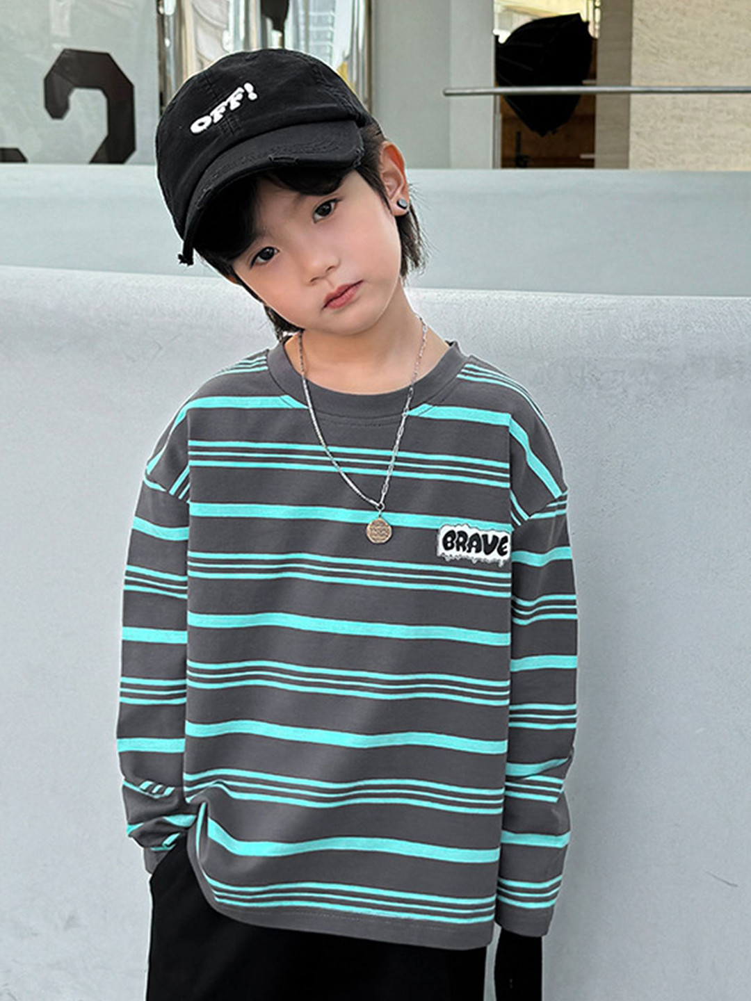 

LULU & SKY Boys Striped Round Neck Cotton Relaxed Fit T-shirt, Grey