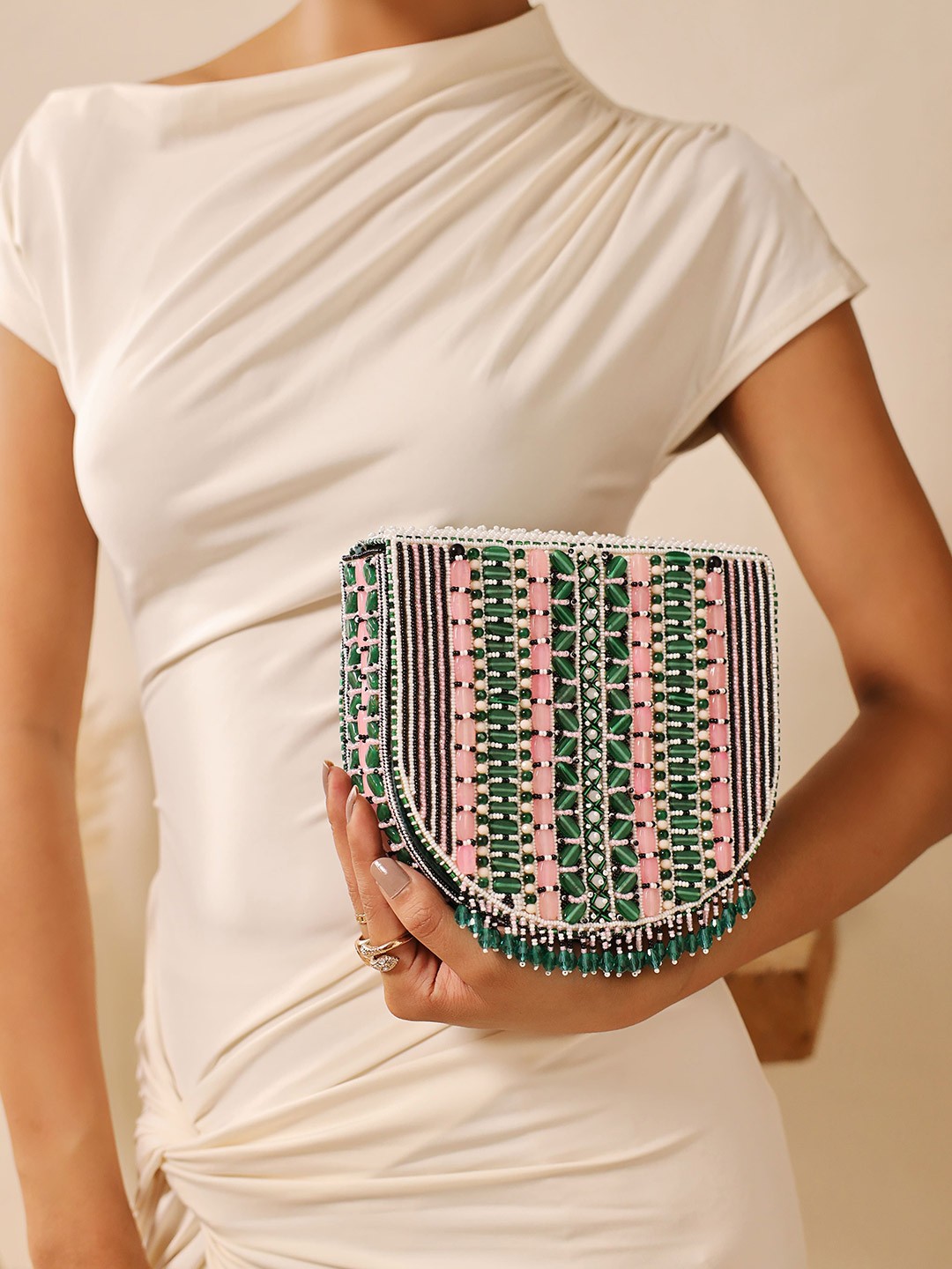 

THE TAN CLAN Embroidered Foldover Bag With Handle, Green