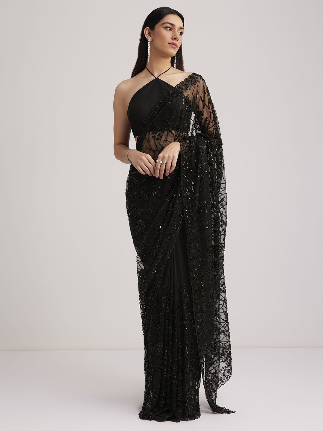 

KALKI Fashion Heavy Embroidered Beads and Stones Net Saree, Black