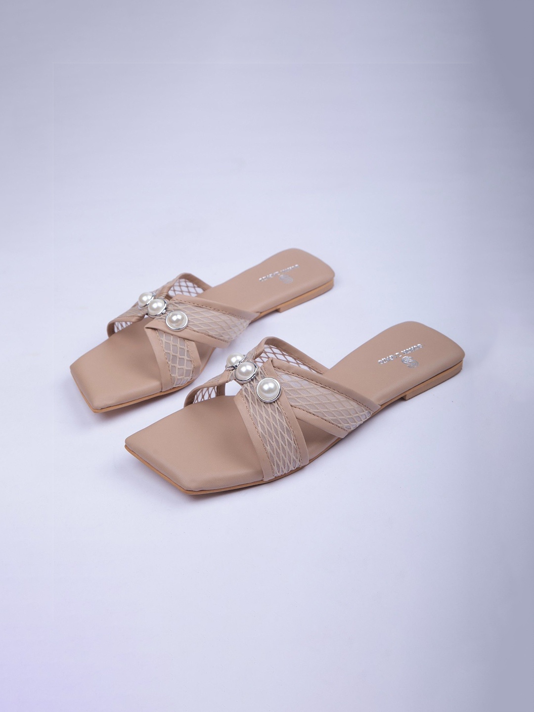 

Schon Zapato Women Mesh Pearl Embellished Open Toe Flats, Beige