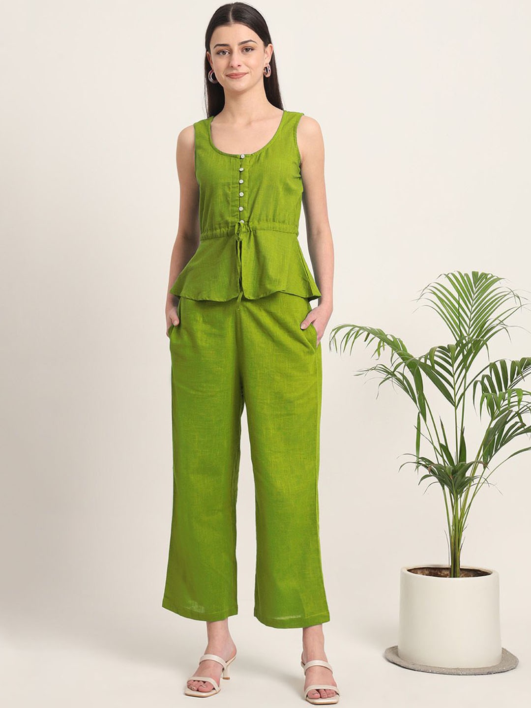 

Thevasa Pure Cotton Round-Neck Top With Trousers, Green