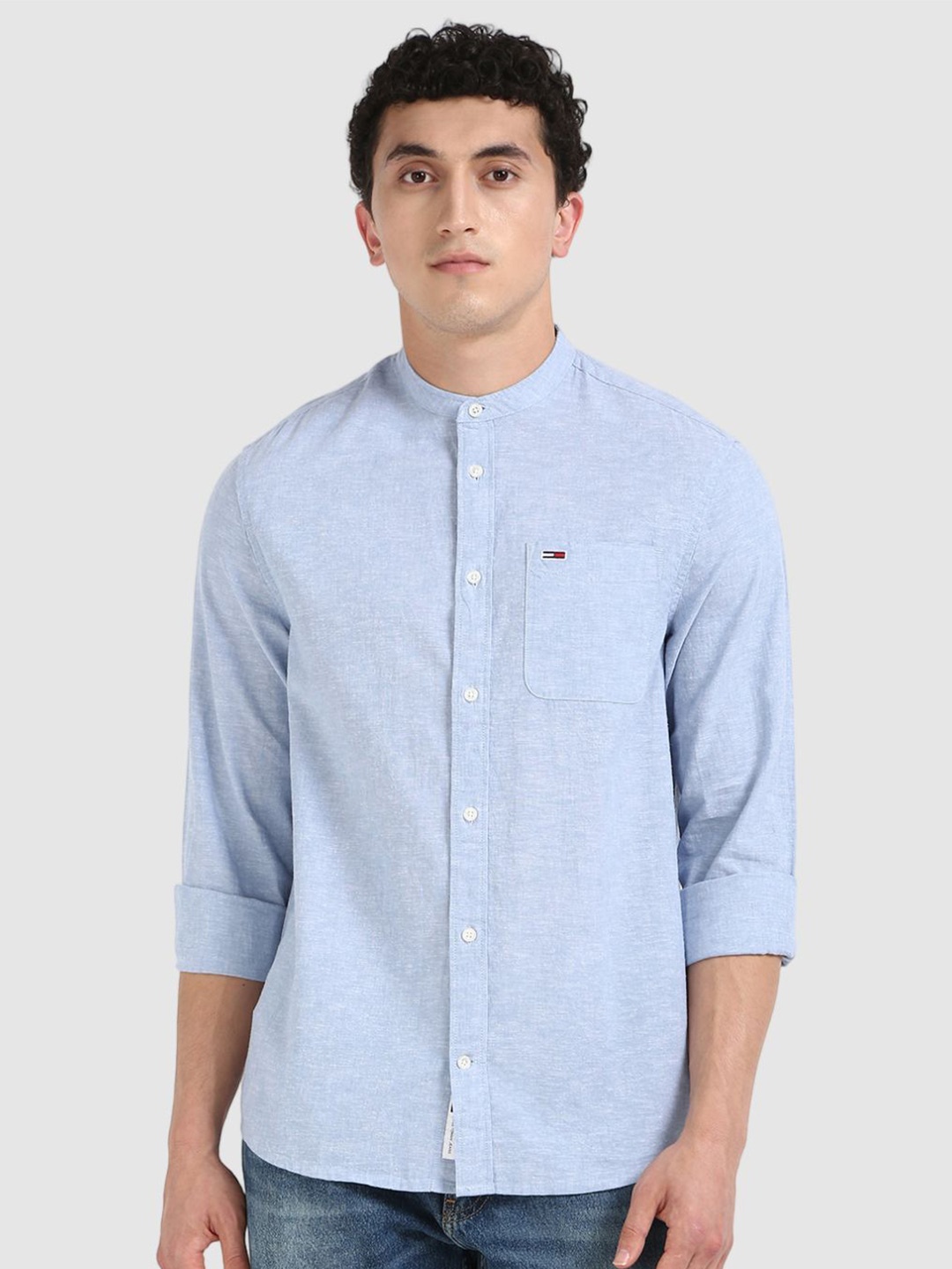 

Tommy Hilfiger Men Band Collar Solid Cotton Casual Shirt, Blue