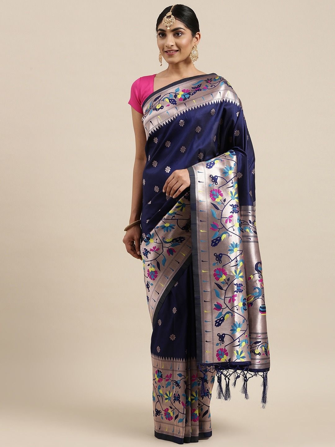 

DIVASTRI Woven Design Zari Paithani Saree, Navy blue