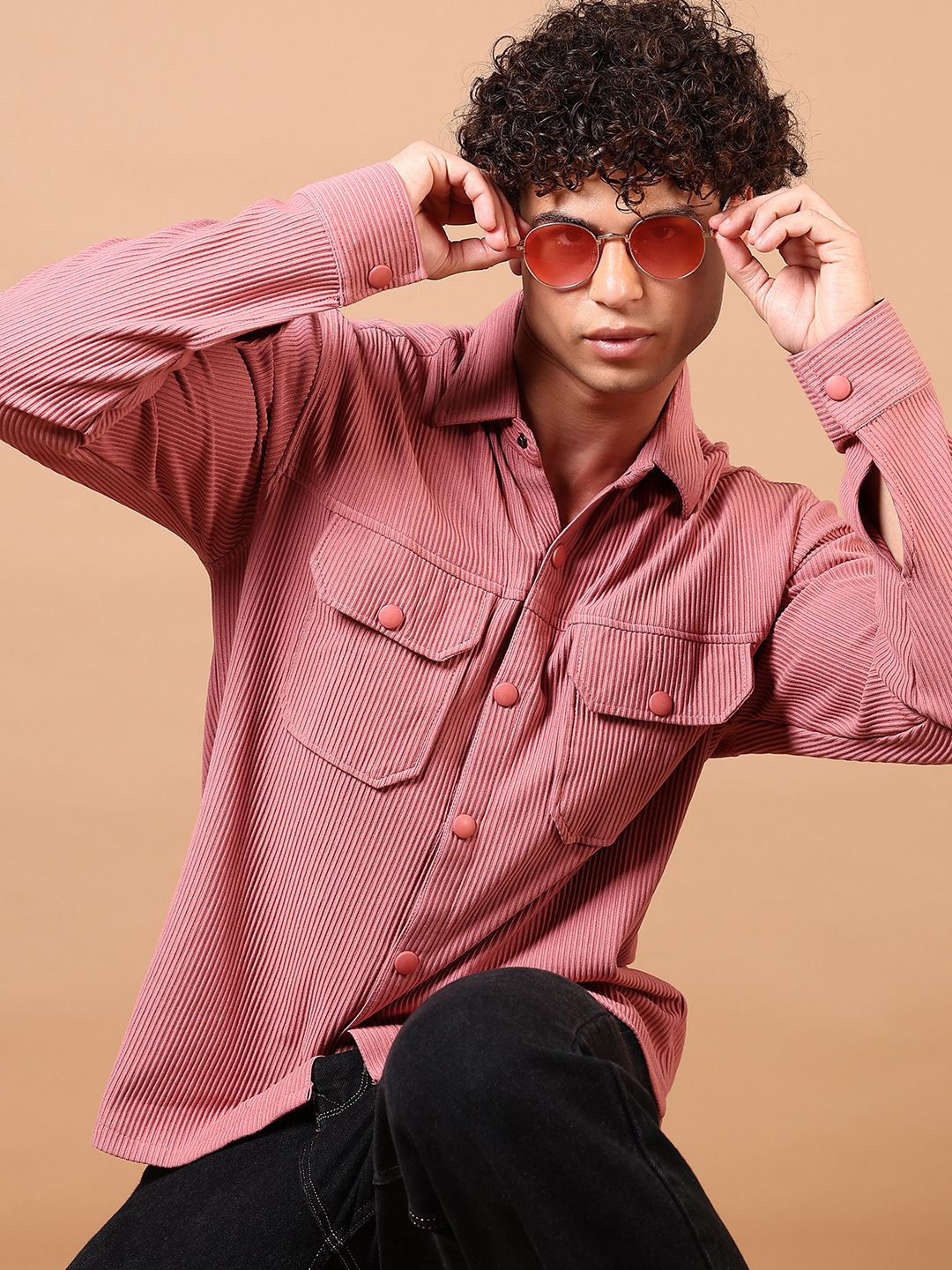 

V-Mart Men Textured Spread Collar Cotton Casual Shirt, Pink