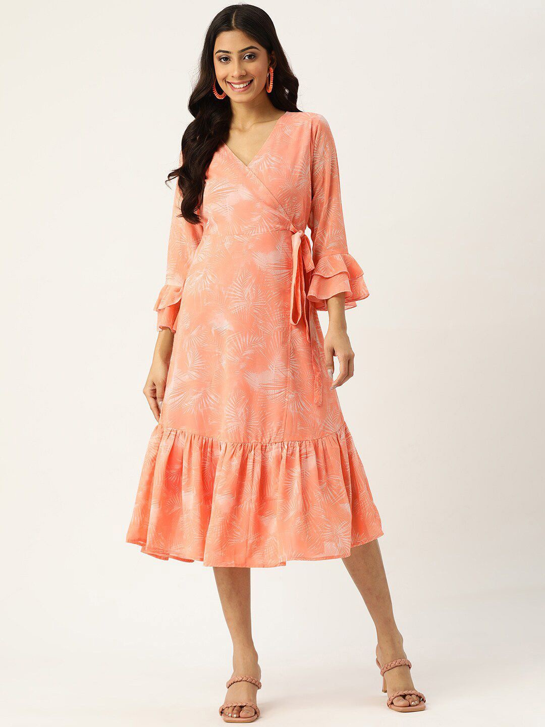 

DressBerry Women Printed Bell Sleeve Wrap Midi Dress, Peach