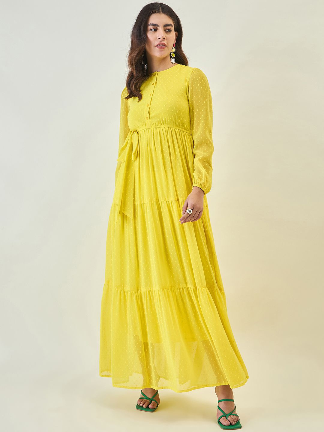 

aayu Women's Solid Puff Sleeve Georgette Maxi Dress, Yellow