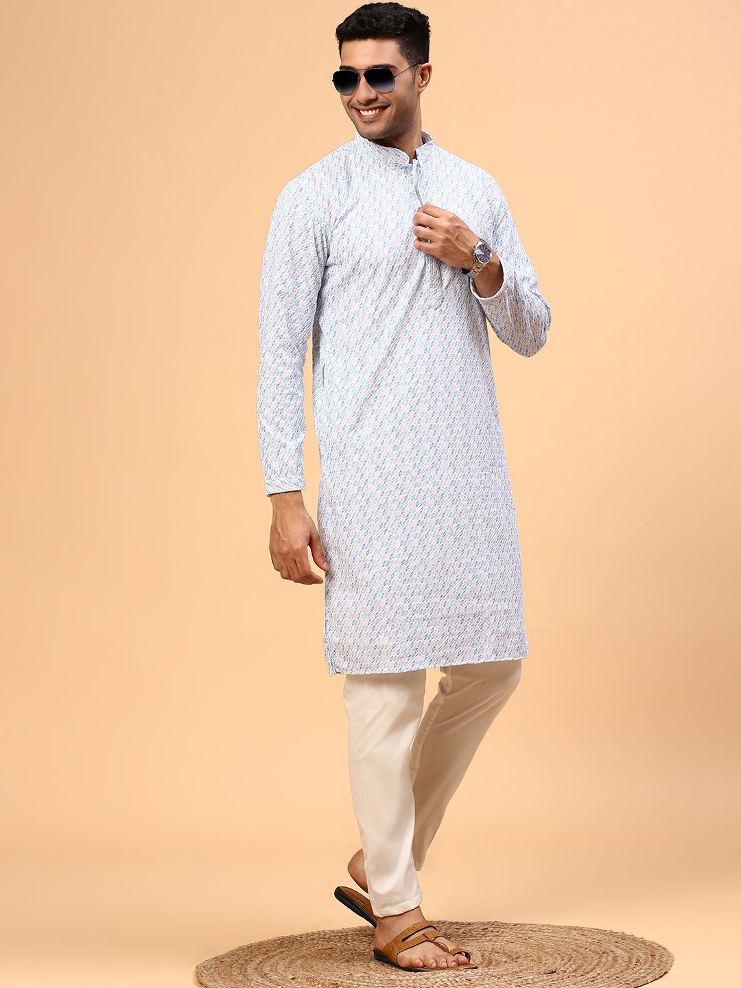 

CS EL Abstract Printed Thread Work Mandarin Collar Pure Cotton Straight Kurta, Blue