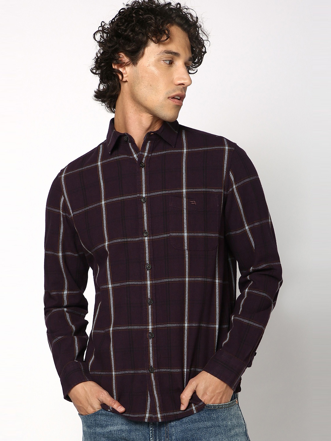 

Blue Buddha Men Relaxed Fit Spread Collar Tartan Checked Cotton Casual Shirt, Maroon