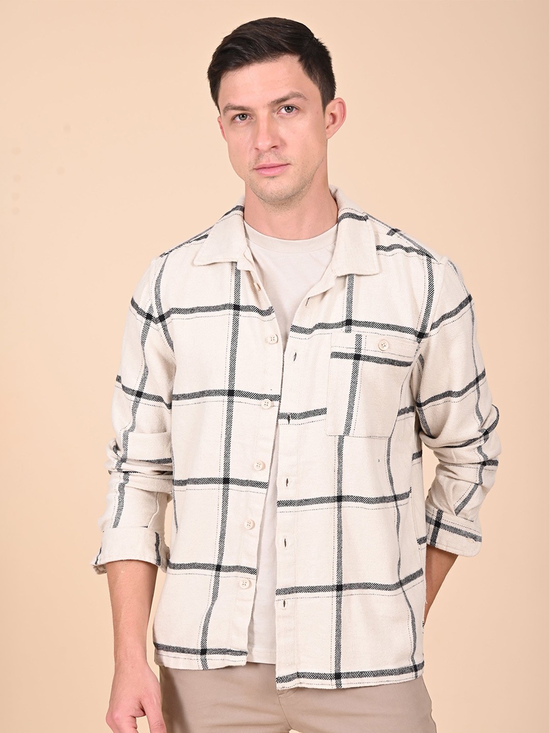 

POE Men Spread Collar Checked Cotton Casual Shirt, Beige